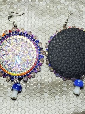 Handcrafted Rainbow Tree of Life Beaded Earrings with Blue Mushroom Charm